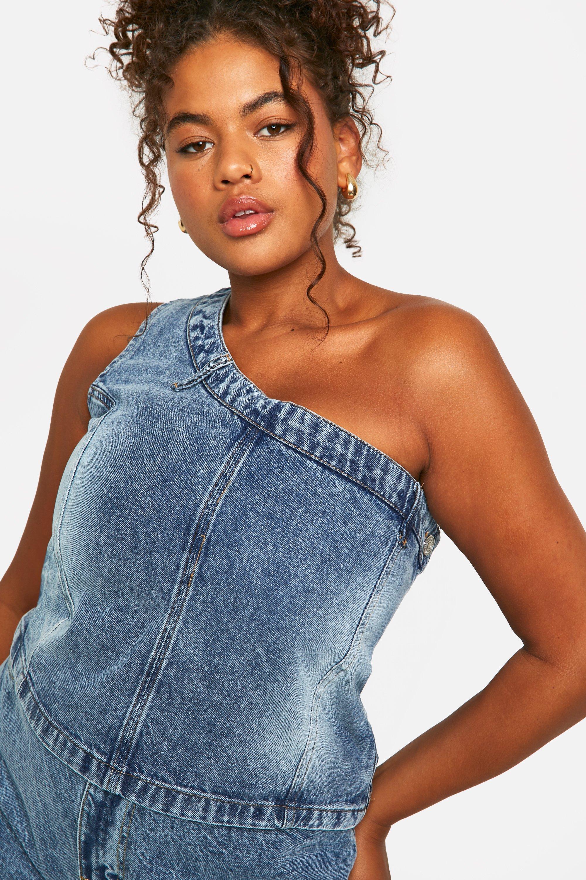 Plus Asymmetric Seam Detail Washed Denim Top